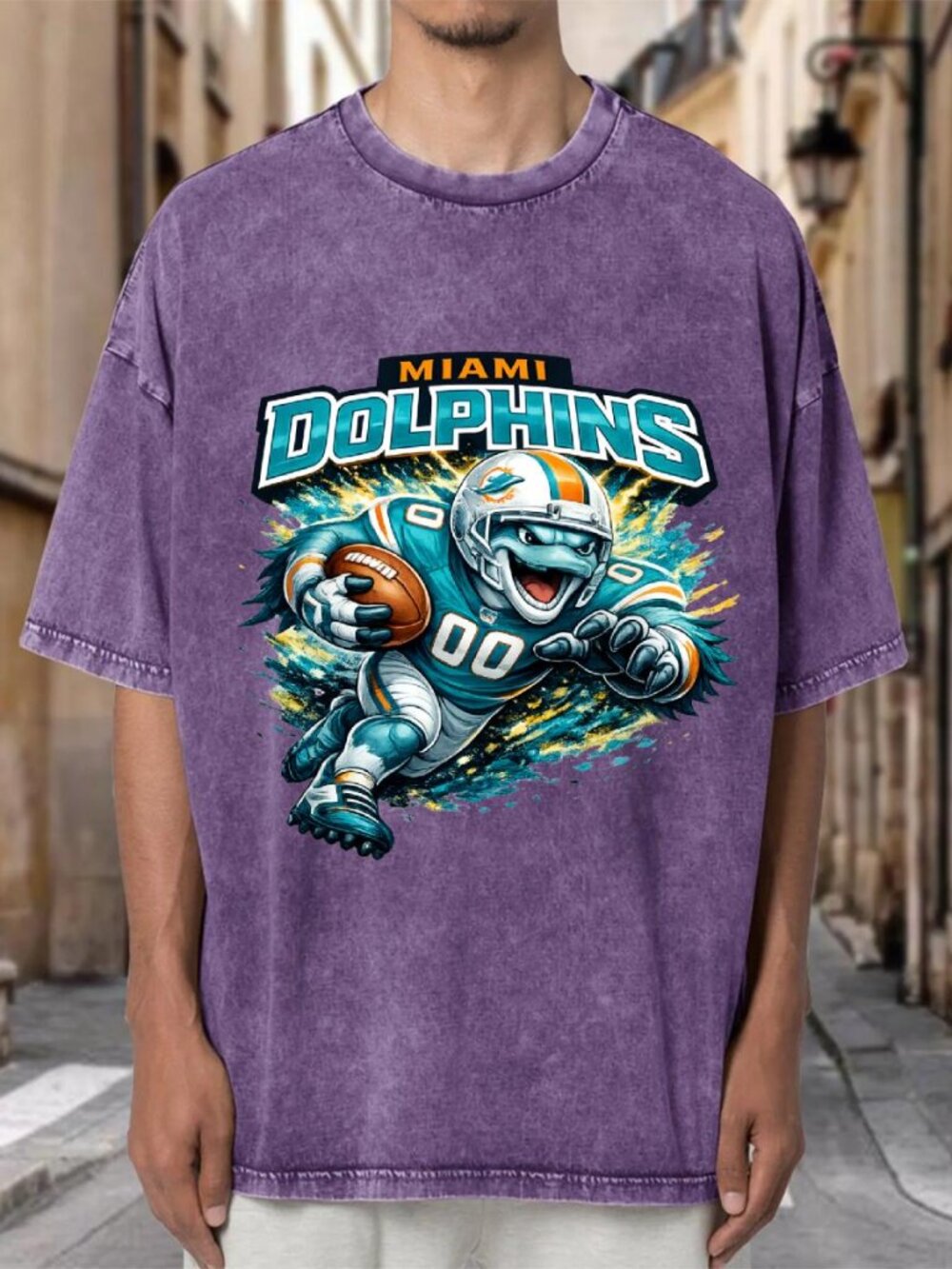 Miami Dolphins Mascot NFL Purple Mineral Wash Oversized Tee